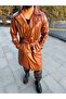 Double-Breasted Kermerli Trench Coat Water-Repellent Leather Coat with Pockets Long Leather Trench Coat Leather Coat Faux Leather Jacket - 3