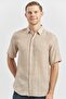 Men's Beige Short Sleeve Buttoned Collar Piping Linen Slim Fit Shirt 1004240242