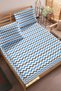 Blue Colored, Zigzag Patterned Ranforce Fabric Elastic Bed Sheet Set, Single/Double/King Size