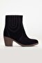 Women's Genuine Leather Stitching Detailed Elastic Suede Cowboy Heeled Boots - Navy Blue Suede