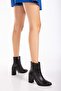 Women's Genuine Leather Pointed Toe Thick Heeled Boots - Black - 2