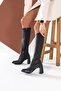 Women's Black Leather Heeled Below Knee Stretch Boots