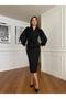 Women's Black Imported Fabric Pleated Pearl Embroidered Sleeve Button Detail Special Design Lined Dress - 6