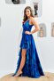 Cobalt Blue Printed Long Evening Dress with Low-cut Legs - 4
