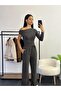 Asymmetric Collar Single Sleeve Elastic Waist Lace Detailed Pocket Wrap Wide Leg Trousers Blouse Set - 5