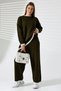 Women's Khaki Crew Neck Shepherd Stitched Sweater and Palazzo Knitwear Top and Bottom Set - 4