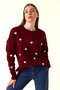 Women's Burgundy Crew Neck Heart Patterned Winter Knitwear Sweater - 4