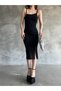 Women's Black Rope Strap Slit Detailed Midi Length Diving Dress