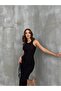 Women's Black Color Ottoman Fabric Single Slit Midi Length Evening Dress - 3