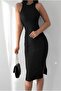 Women's Black Color Ottoman Fabric Single Slit Midi Length Evening Dress - 6