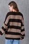Women's Off Shoulder Wide Sleeve Crew Neck Long Sleeve Oversize Fit Striped Brown Knitwear Sweater 6600 - 3