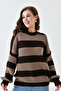 Women's Low Long Sleeve Line Patterned Crew Neck Oversize Fit Striped Brown Knitwear Sweater 6600