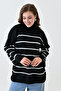 Women's Low Long Sleeve Stripe Patterned Stand Collar Oversize Fit Striped Black Knitwear Sweater 6100 - 4