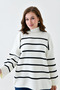 Women's Low Long Sleeve Stripe Patterned Stand Collar Oversize Fit Striped Ecru Knitwear Sweater 6100 - 7