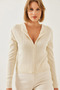 Women's Ecru Hooded Zippered Long Sleeve Knitwear Cardigan 20246857 - 2