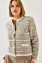 Women's Ecru Black Patterned Knitwear Cardigan with Pockets 20246238 - 5