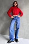 Women's Stand Collar Bat Sleeve Textured Crop Blouse Red - 4