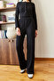 Women's Black Buttoned Crop Ribbed Top and Bottom Set 60351128 - 4