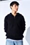 Men's Black Oversize Sweater with Half Zipper, Knitted Pattern, Soft Texture 9913 Black - 2