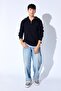 Men's Black Oversize Sweater with Half Zipper, Knitted Pattern, Soft Texture 9913 Black - 3