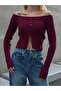 Boat Neck Button Detailed Ribbed Long Sleeve Blouse - 6