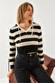 Women's Black and White Hooded Striped Sweater 85001042 - 5