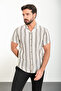 Striped Slim Fit Apaç Collar Short Sleeve Men's Shirt Ecru-Khaki - 37855.24Y - 3