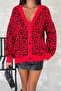 Women's Red Standard Size Leopard Pattern Oversize Knitwear Cardigan