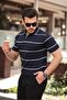Navy Blue Striped Knitwear Polo Neck T-Shirt - 2427 - 2
