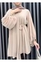 24y50257 Beige Evening Dress Tunic - Pleated Sleeve and Cuffed Stone DeTail, Size 38