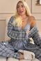 Gray Plaid Patterned Women's Pajamas Set with Thermal Dressing Gowns