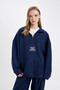 Oversize Fit Wide Fit Zippered Stand Collar Embroidered Fleece Sweatshirt - 5