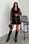 Women's Black Leopard Pattern Sleeves Fur Belt Embroidery Embroidered Cashew Coat - 5