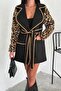 Women's Black Leopard Pattern Sleeves Fur Belt Embroidery Embroidered Cashew Coat - 4