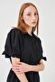 Women's Black Poplin Dress with Tied Sleeves - 5