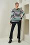 Women's Emerald-Black-Ecru Crew Neck Three Color Striped Knitwear Sweater - 3