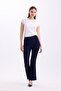 Navy Blue High Waist Flared Women's Fabric Trousers 3345