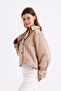 Light Beige 100% Cotton Gabardine Lined Oversize Wide Fit Women's Crop Short Trench Coat 1122 - 7