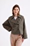 Khaki 100% Cotton Gabardine Lined Oversize Wide Fit Women's Crop Short Trench Coat 1122 - 7
