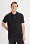 Men's Black Slim Fit Narrow Cut Polo Neck 100% Cotton Short Sleeve T-Shirt - 7
