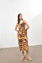 Khaki Linen Blend Double Breasted Lacing Detailed Sleeveless Patterned Dress