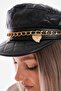 Chained Pu Leather Quilted Black Cap Hat - 8