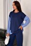 Women's Blue White Striped Modern Design Long Sleeve Shirt Detail Sweatshirt Modal Set - 5