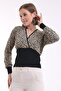 Vitina Women's Mink-Black Double-Breasted Collar Gathered Leopard Jacquard Pattern Knitted Blouse & Sweater & Hijab Blouse - 5