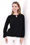 Kadoma Women's Pleated Drop Neckline Accessory Knitted Jacquard Combed Cotton Long Sleeve Blouse & Hijab Blouse - Black - 5