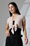 Blama Women's Soft Touch Short Sleeve Front Tie Diagonal Jacquard Short Combed Cotton Cardigan & Bolero - Beige - 4
