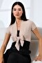 Blama Women's Soft Touch Short Sleeve Front Tie Diagonal Jacquard Short Combed Cotton Cardigan & Bolero - Beige - 7
