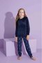 Mother Girl Women's French Velvet Long Sleeve Crew Neck Heart Printed Navy Blue Pajamas Set - 2