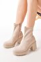 767-3012 Stretch Beige Zippered Thick Heeled Daily Women's Boots - 4