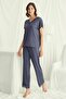18484 Women's V-Neck Short Sleeve Pajama Set-Navy Blue - 2
